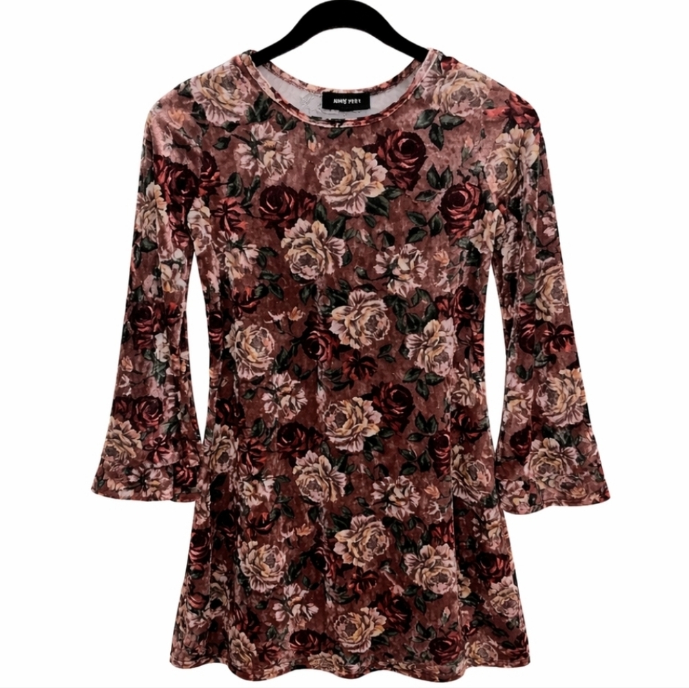 Amy Byer Burgundy Juniors Floral Velour Tunic Top Sz Lg